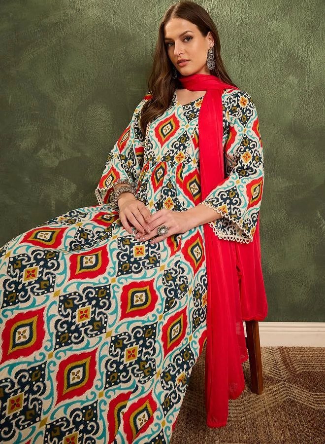 SASSAFRAS Women Printed Straight Cotton Kurta with Pants and Dupatta Set
